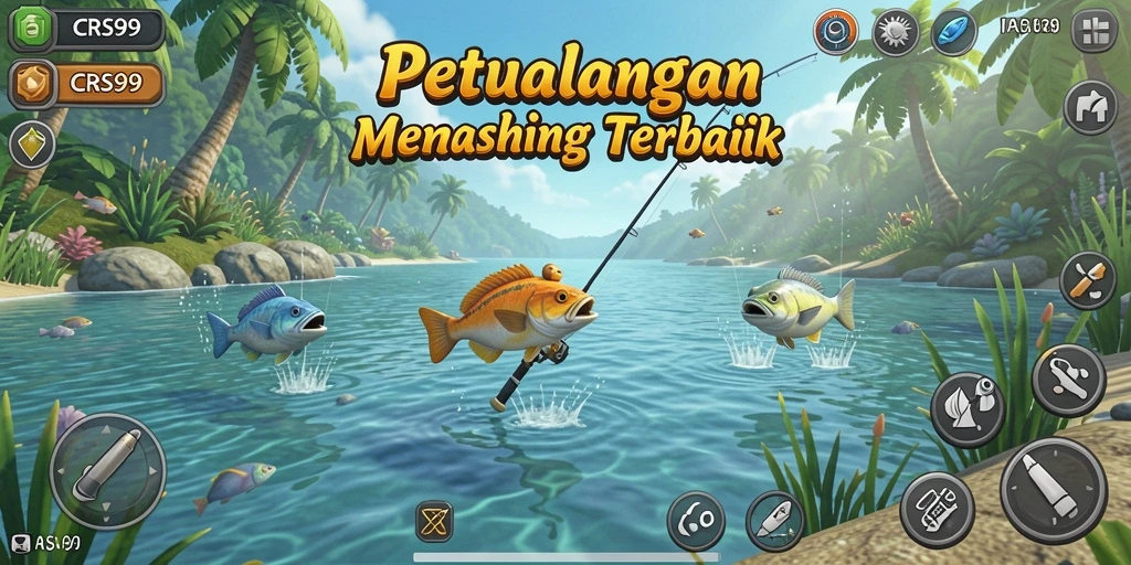 Tampilan gameplay CRS99 menampilkan aksi memancing yang mendebarkan dan pemandangan indah.
