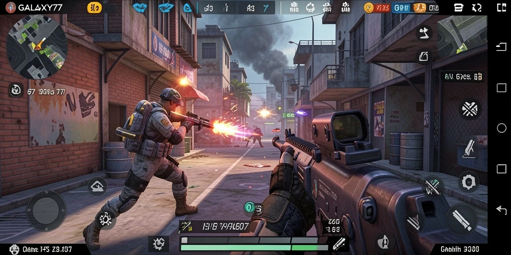 Gameplay menegangkan di GALAXY77 menampilkan aksi tembak-menembak seru.