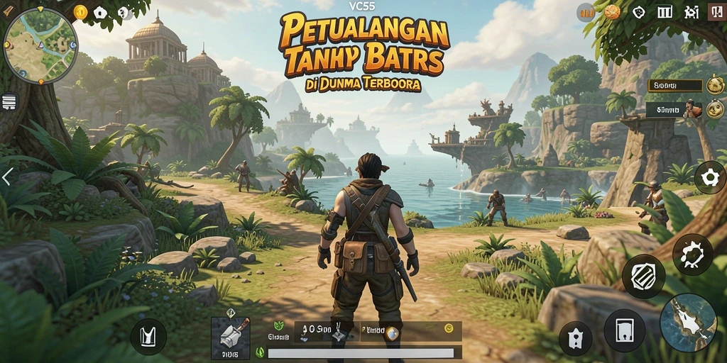 Screenshot utama VC55 menampilkan aksi eksplorasi di dunia terbuka.